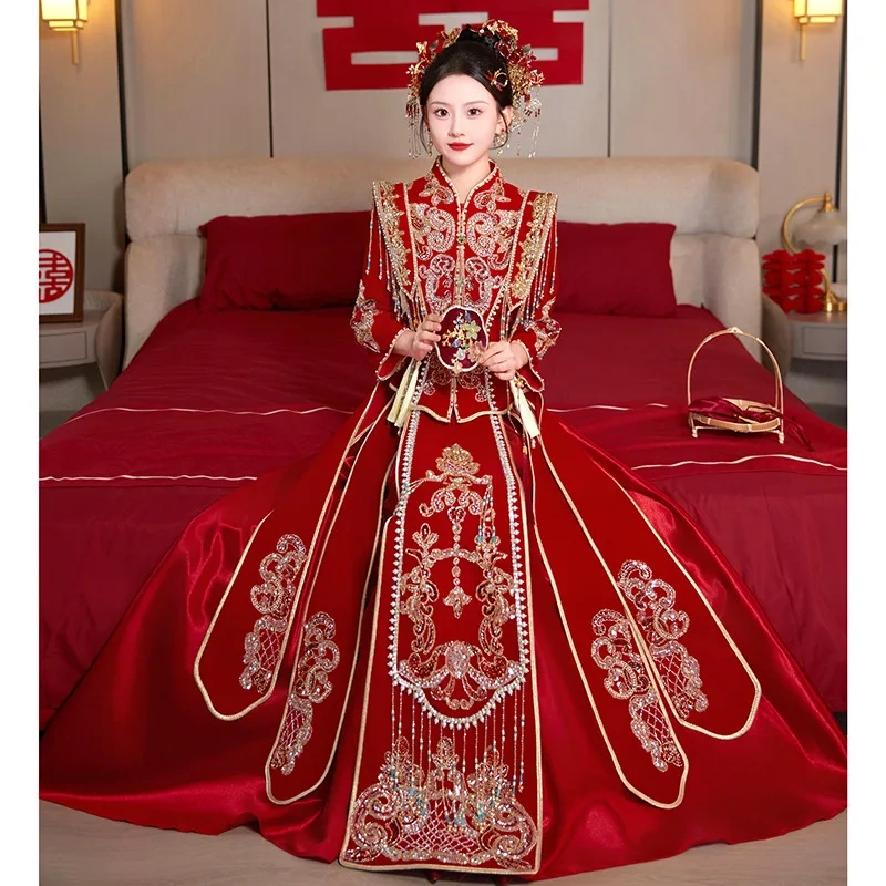 S0119G   Heavy Gong Xia Xiu Xiuhe Grand Graduate Phoenix Gown Marriage Luxury Velvet Show Chinese Women Dress for Wedding Party