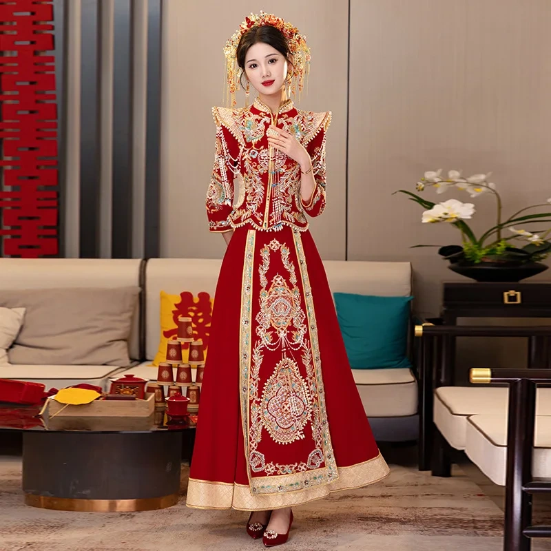 S0101G    Drop Shipping  2024 New High -end Texture Bride  Velvet Heavy Work Show Chinese Plus Size Wedding Dresses for Bride
