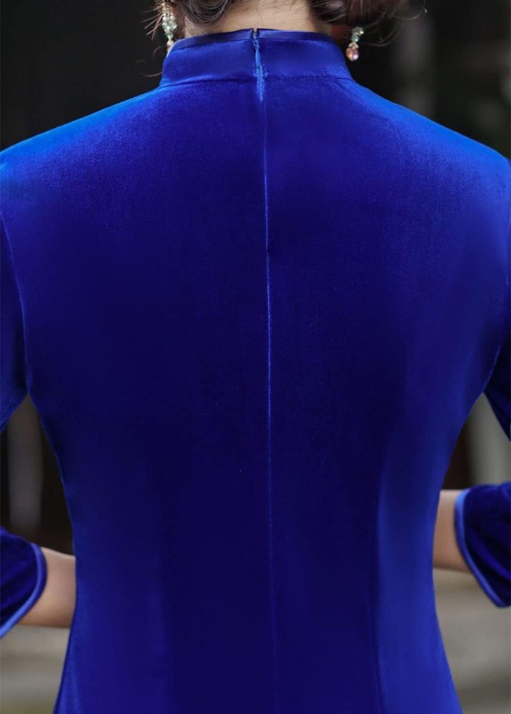 Chinese Traditional Velour Cheongsam Maxi Dress Elegant Women Long Sleeve Side Slit Slim Fit Qipao Party Dress