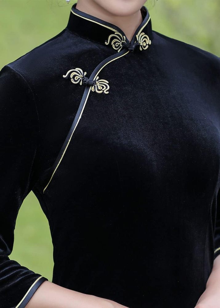 Chinese Traditional Velour Cheongsam Maxi Dress Elegant Women Long Sleeve Side Slit Slim Fit Qipao Party Dress