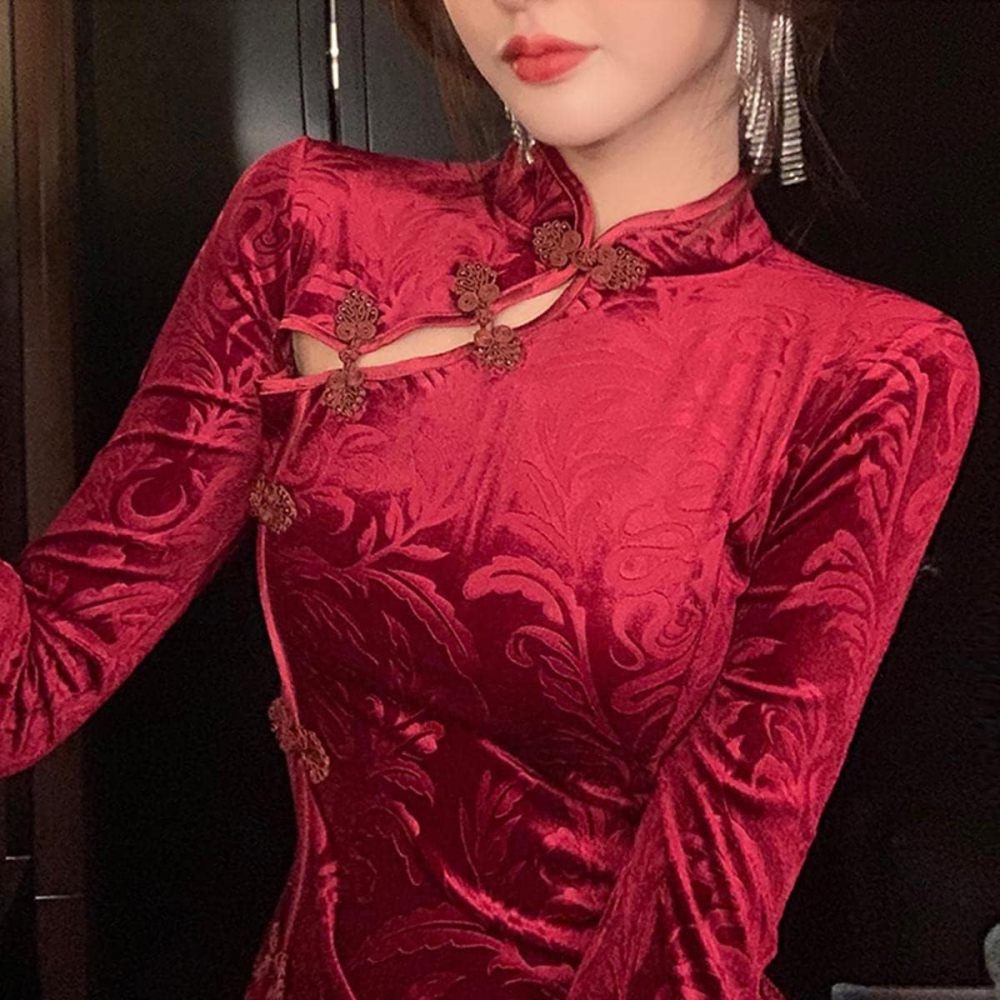 Women's Sexy High Slit Cheongsam Midi Dress Elegant Velvet Mandarin Collar Chinese Qipao Party Dress