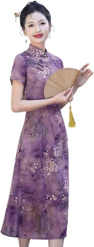 Women Summer Qipao Ao Dai Cheongsam Elegant A-Linien Dress Short Sleeve Chinese Style Dress Hanfu Tang Suit