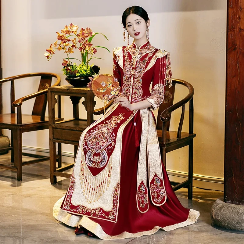 S0129G   Satin Heavy Work Show the Bride  High -end Luxury New  Dragon Phoenix Gown Chinese Women's Dresses Wedding