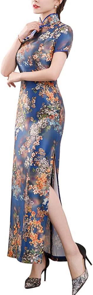 Deluxe Maxi Cheongsam Cap Sleeve Manarin Collar Slim Fit Side Slit Chinese Qipao Dress Evening Party Formal Wear