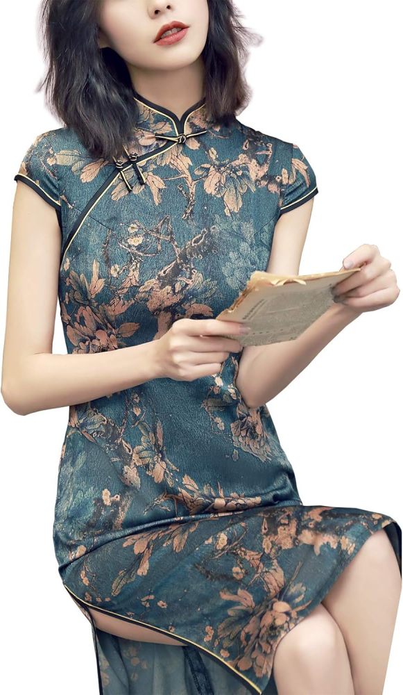 Women's Greenish Blue Traditional Flowers Chinese Dress