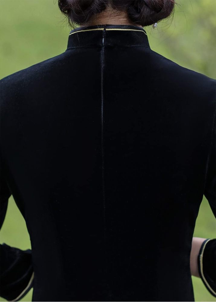 Chinese Traditional Velour Cheongsam Maxi Dress Elegant Women Long Sleeve Side Slit Slim Fit Qipao Party Dress