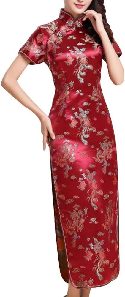 Women Cheongsam Long Dress Evening Short Sleeve Slim Fit Maxi Dress Floral Faux Silk Stand Collar Bodycon Qipao