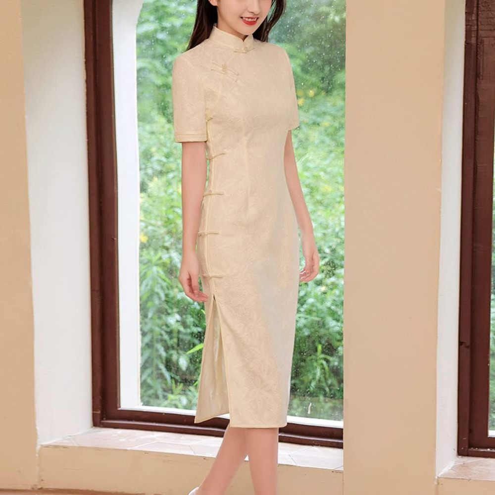 Women's Short Sleeve Midi Cheongsam Elegant Ivory Mandarin Collar Embroidery Side Slit Chinese Qipao Bodycon Dress