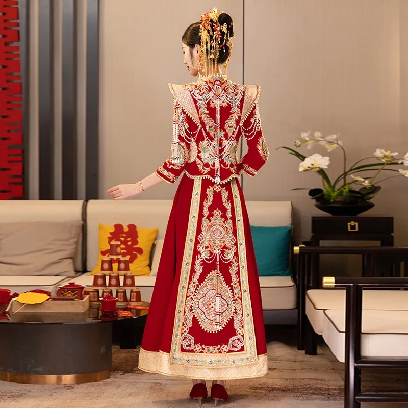 S0101G    Drop Shipping  2024 New High -end Texture Bride  Velvet Heavy Work Show Chinese Plus Size Wedding Dresses for Bride