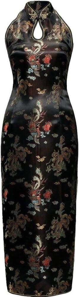 7Fairy Women's Black Backless Long Chinese Prom Dress Dragon Halter