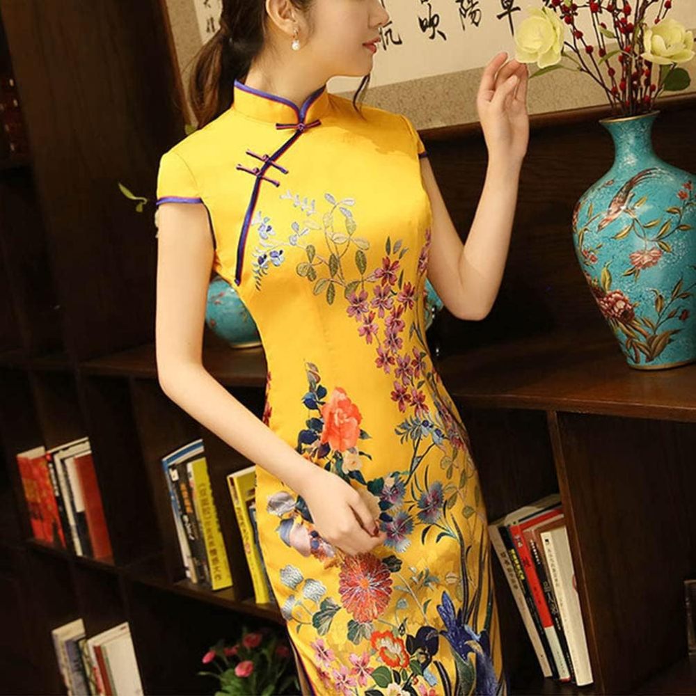 Deluxe Maxi Cheongsam Cap Sleeve Manarin Collar Slim Fit Side Slit Chinese Qipao Dress Evening Party Formal Wear
