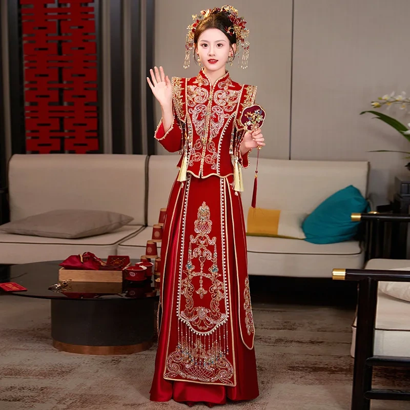 S0119G   Heavy Gong Xia Xiu Xiuhe Grand Graduate Phoenix Gown Marriage Luxury Velvet Show Chinese Women Dress for Wedding Party