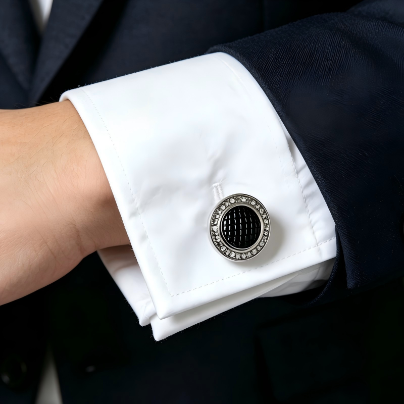 Men’s Round Silver Crystal Cufflinks with Black Woven Texture