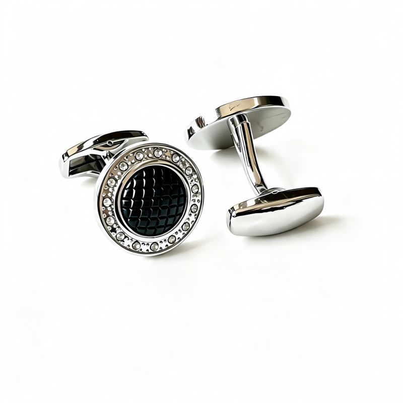 Men’s Round Silver Crystal Cufflinks with Black Woven Texture