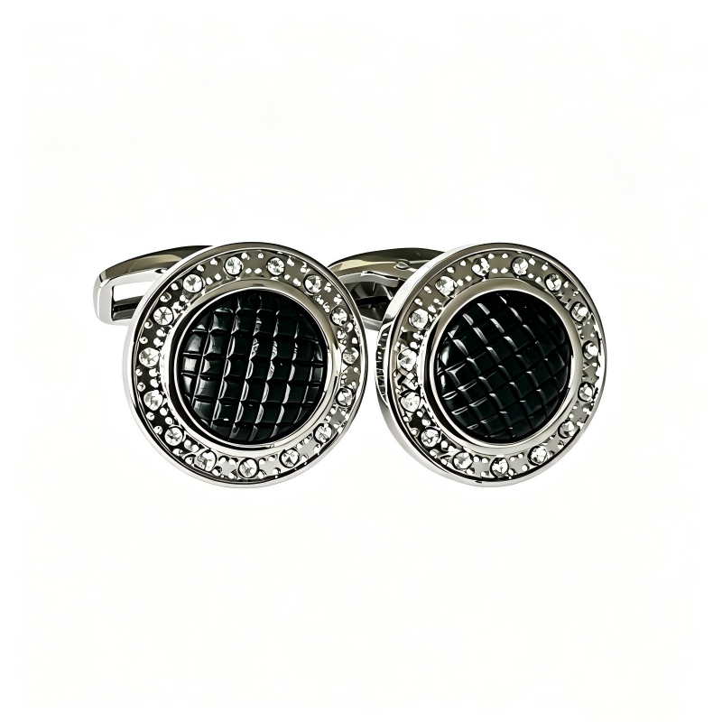 Men’s Round Silver Crystal Cufflinks with Black Woven Texture