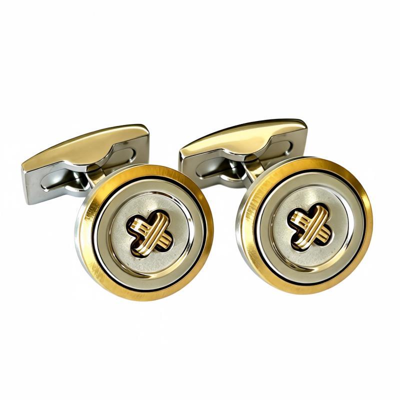 Two‑Tone Gold Silver Round Cufflinks, Premium Cross Inlay Business Suit Cuff Links for Men Wedding Gift