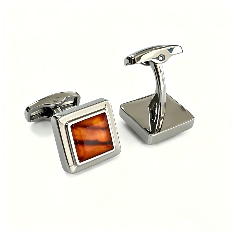 Square Silver‑Plated Cufflinks with imintation Tiger‑Eye Stone Inlay, Premium Men Business Suit Cuff Links for Wedding & Gift