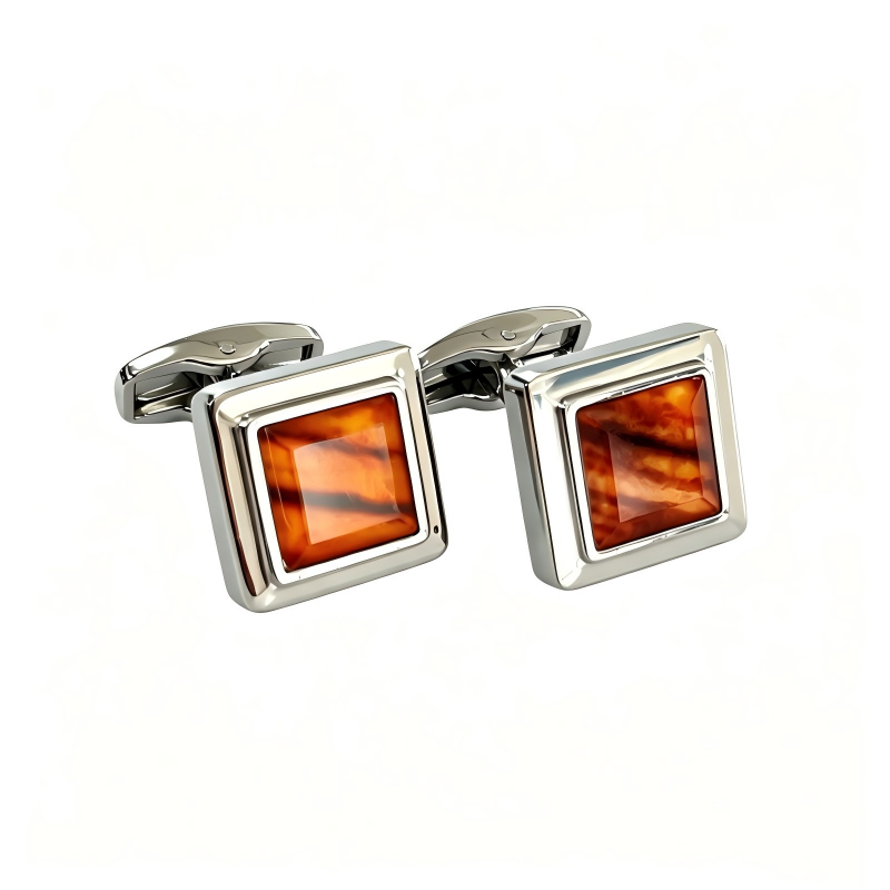 Square Silver‑Plated Cufflinks with imintation Tiger‑Eye Stone Inlay, Premium Men Business Suit Cuff Links for Wedding & Gift