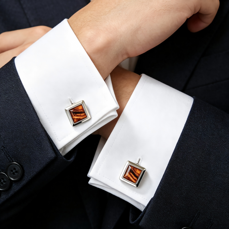 Square Silver‑Plated Cufflinks with imintation Tiger‑Eye Stone Inlay, Premium Men Business Suit Cuff Links for Wedding & Gift