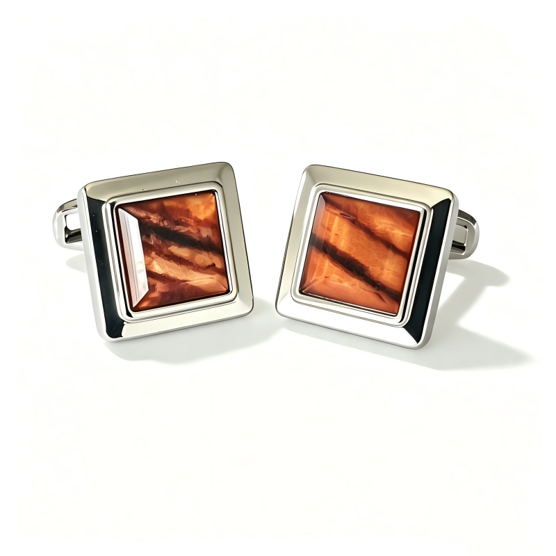 Square Silver‑Plated Cufflinks with imintation Tiger‑Eye Stone Inlay, Premium Men Business Suit Cuff Links for Wedding & Gift