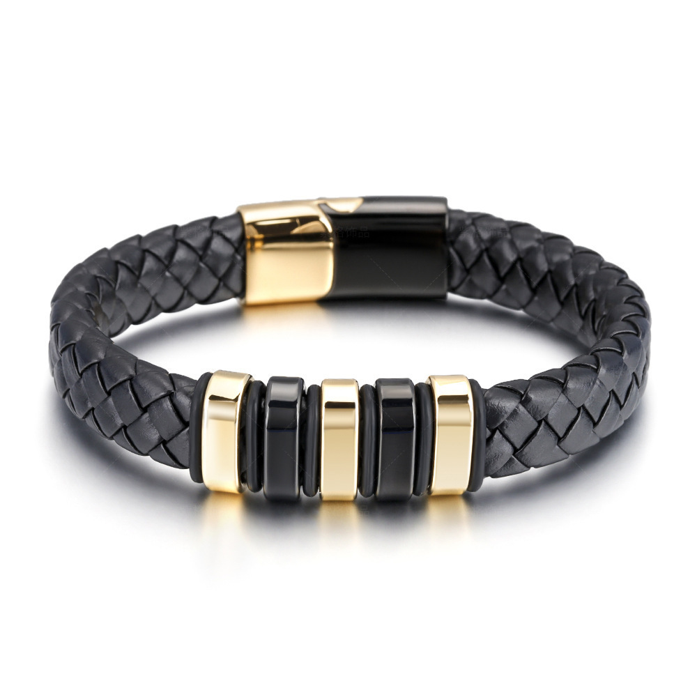 Braided Black Leather Men's Bracelet, Gold & Black Stainless Steel Beads Magnetic Clasp Wrist Bracelet for Men Gift