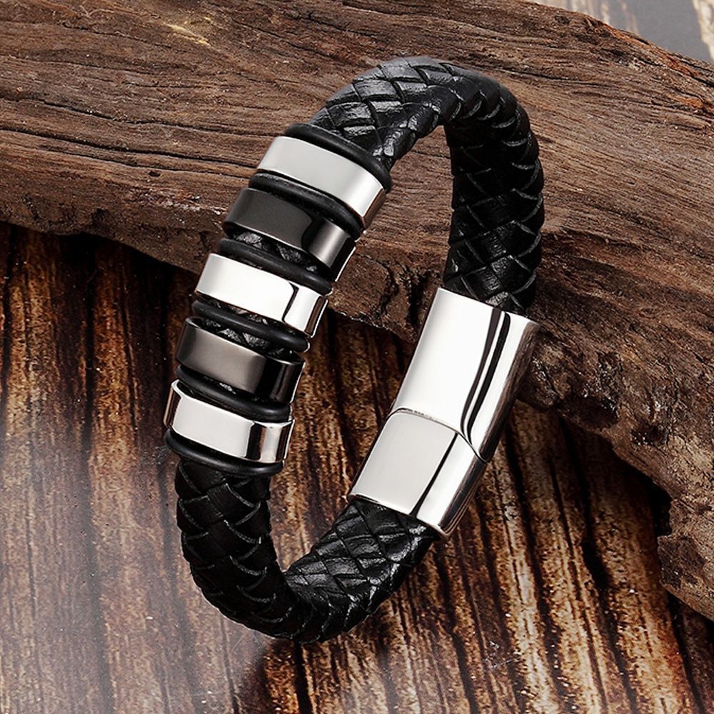 Braided Black Leather Men's Bracelet, Gold & Black Stainless Steel Beads Magnetic Clasp Wrist Bracelet for Men Gift