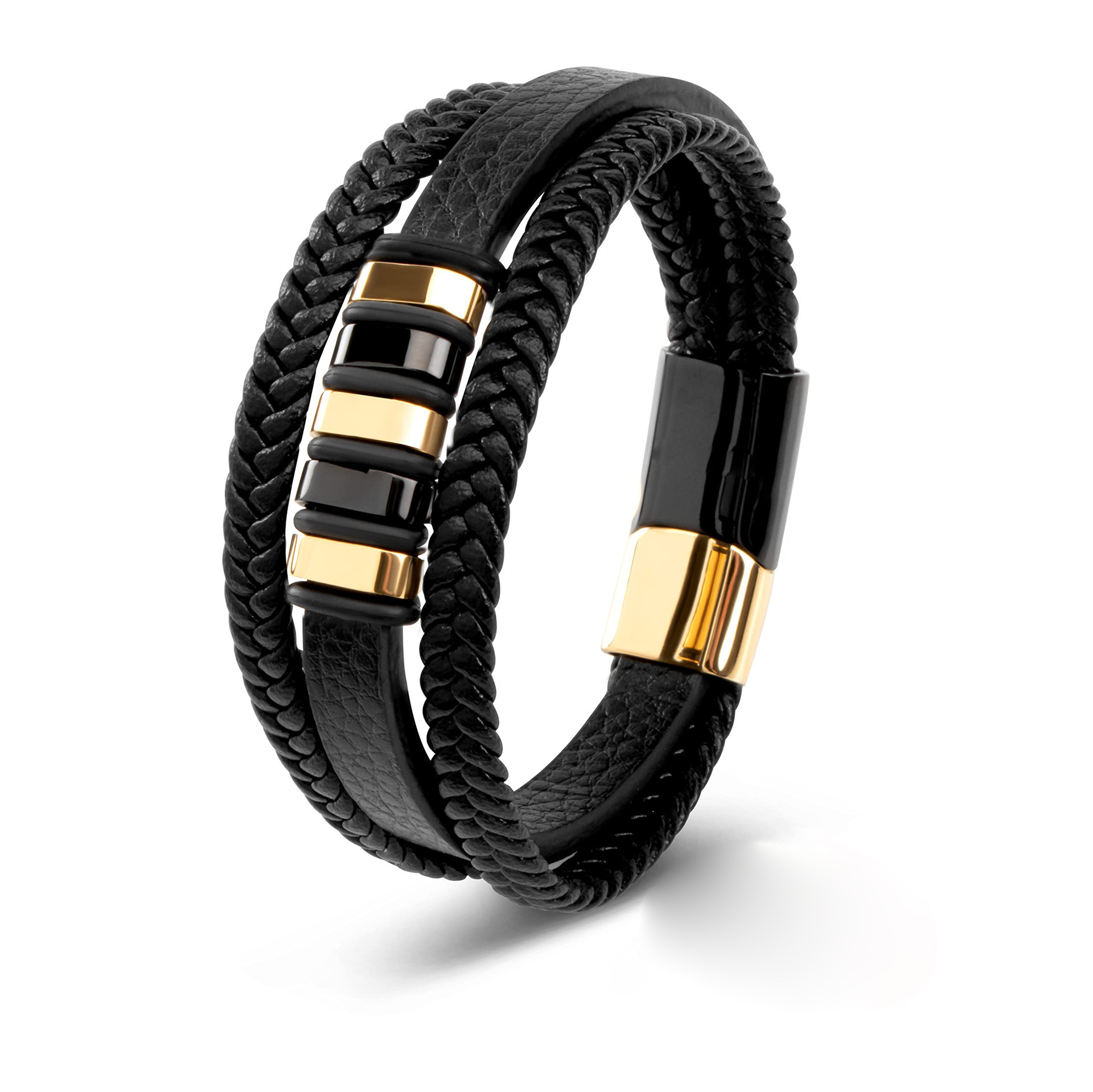Braided Black Leather Men's Bracelet, Gold & Black Stainless Steel Beads Magnetic Clasp Wrist Bracelet for Men Gift