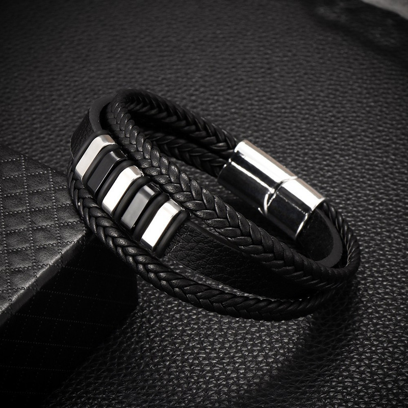 Braided Black Leather Men's Bracelet, Gold & Black Stainless Steel Beads Magnetic Clasp Wrist Bracelet for Men Gift