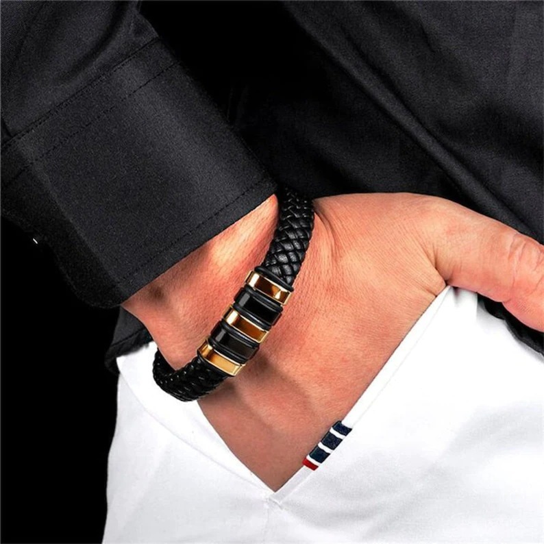 Braided Black Leather Men's Bracelet, Gold & Black Stainless Steel Beads Magnetic Clasp Wrist Bracelet for Men Gift
