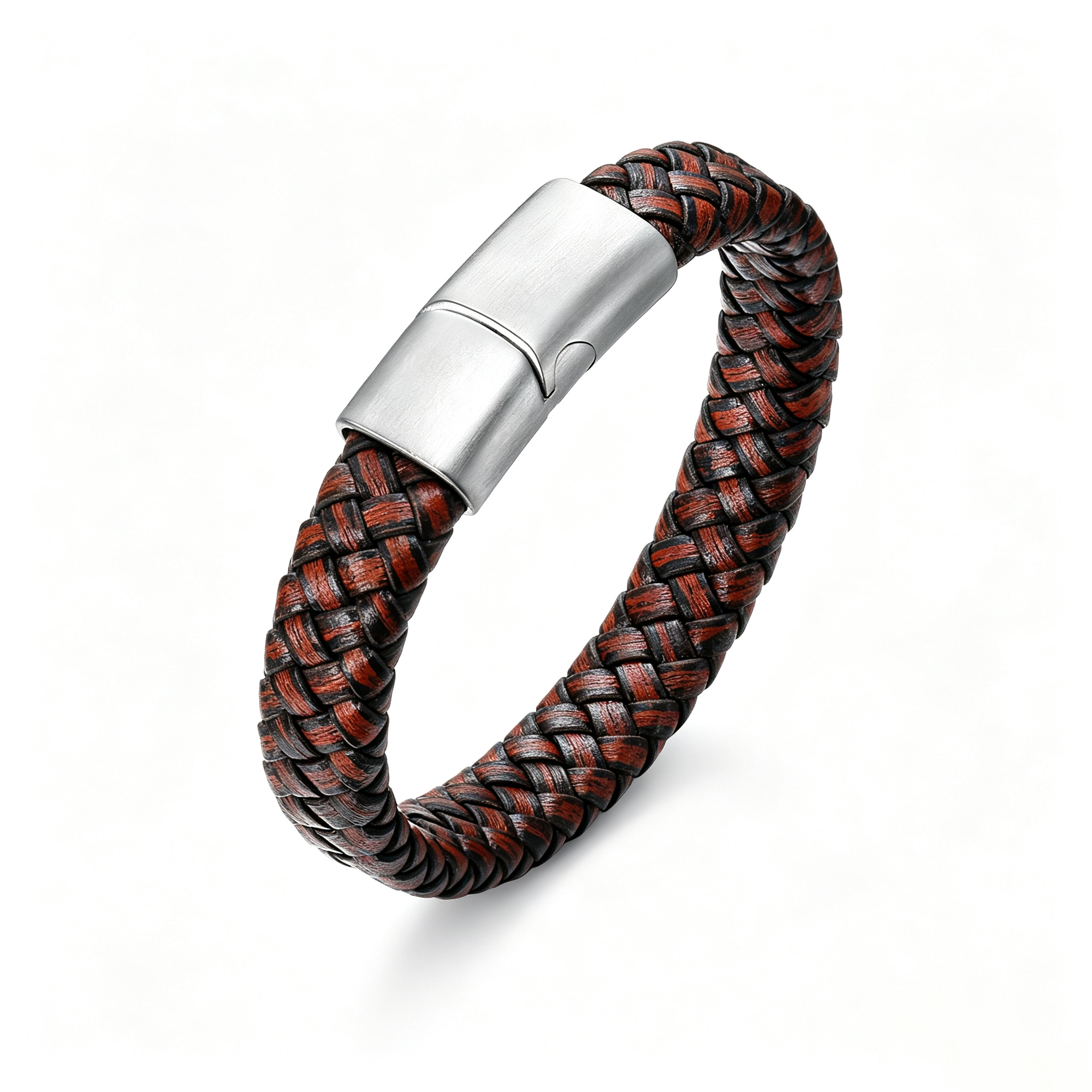 Vintage Braided Brown Leather Men's Bracelet, Brushed Stainless Steel Magnetic Clasp Wristband for Men Gift