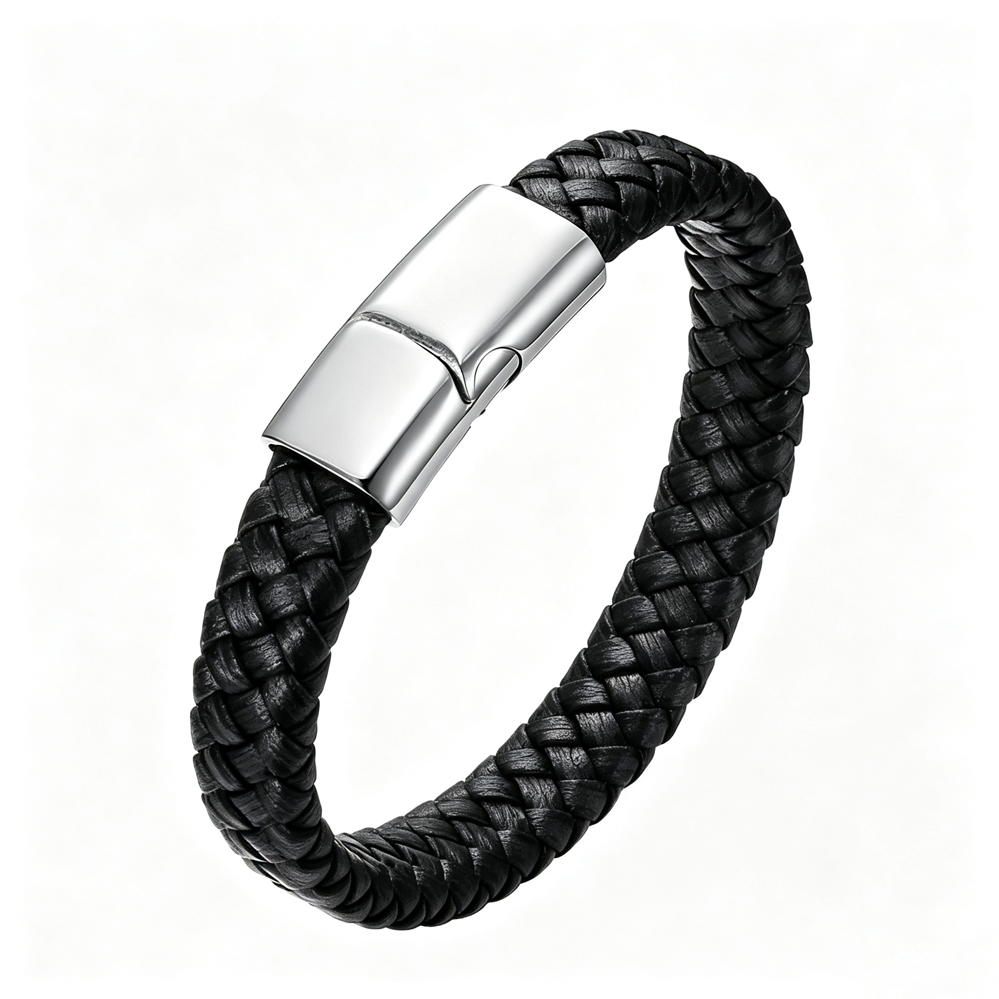 Vintage Braided Brown Leather Men's Bracelet, Brushed Stainless Steel Magnetic Clasp Wristband for Men Gift