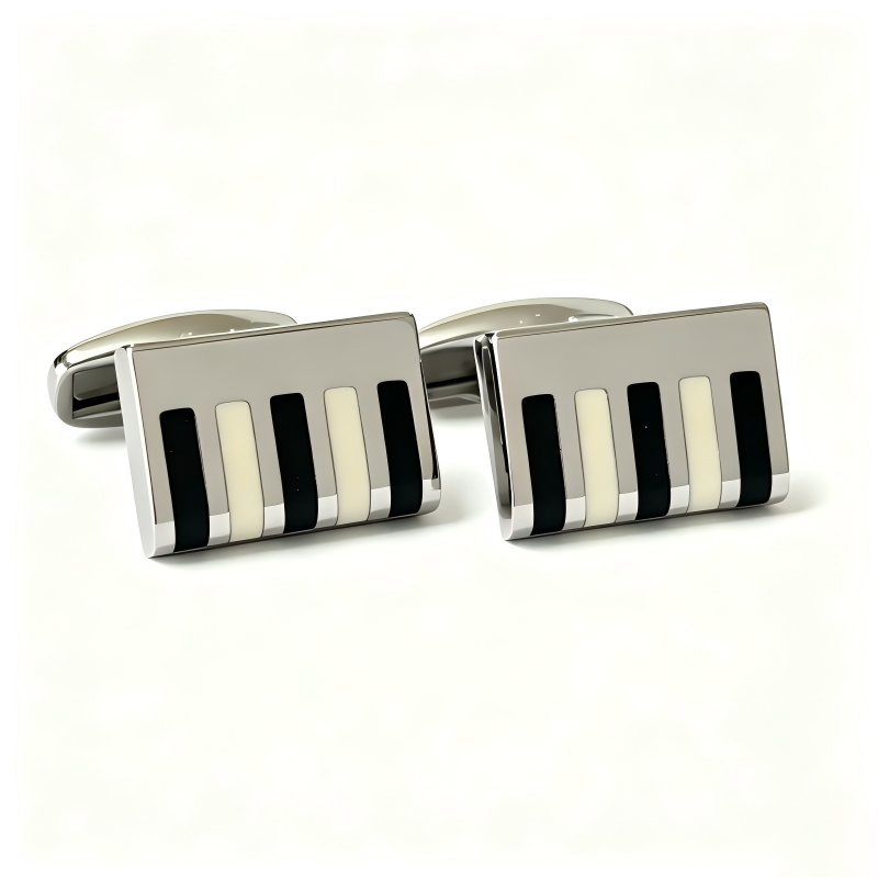 Piano Keyboard Cufflinks for Men, Black White Enamel Music Theme Rectangular Cuff Links for Musician Wedding Business Dress Shirts