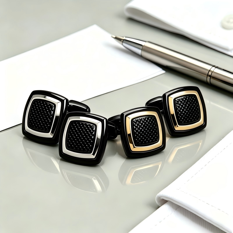 Men's Square Textured Cufflinks, Black Gunmetal & Silver Formal Business Cufflinks for Dress Shirts