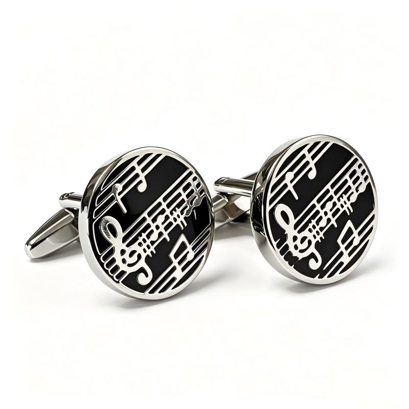 Musical Note Sheet Music Cufflinks, Silver‑Tone Black Enamel Round Cuff