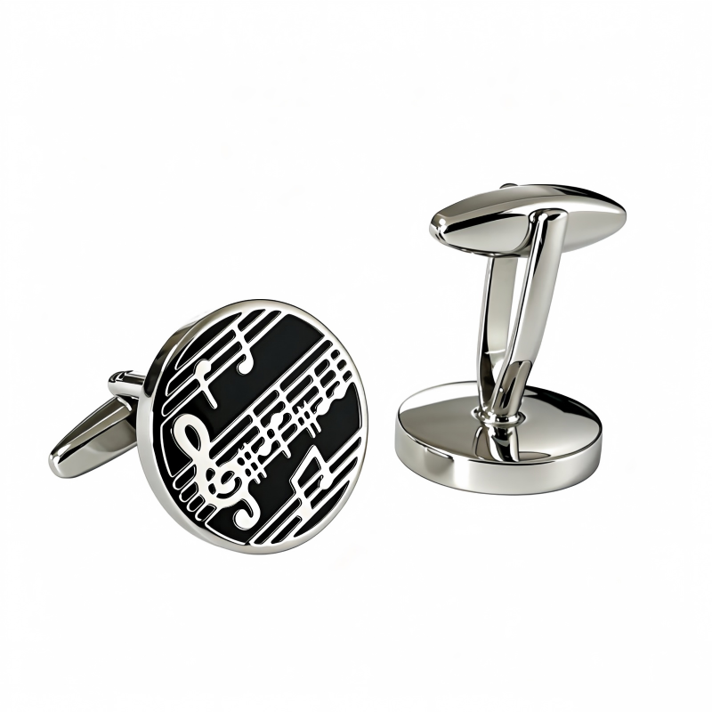 Musical Note Sheet Music Cufflinks, Silver‑Tone Black Enamel Round Cuff