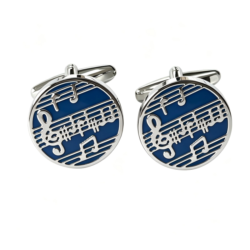 Musical Note Sheet Music Cufflinks, Silver‑Tone Black Enamel Round Cuff