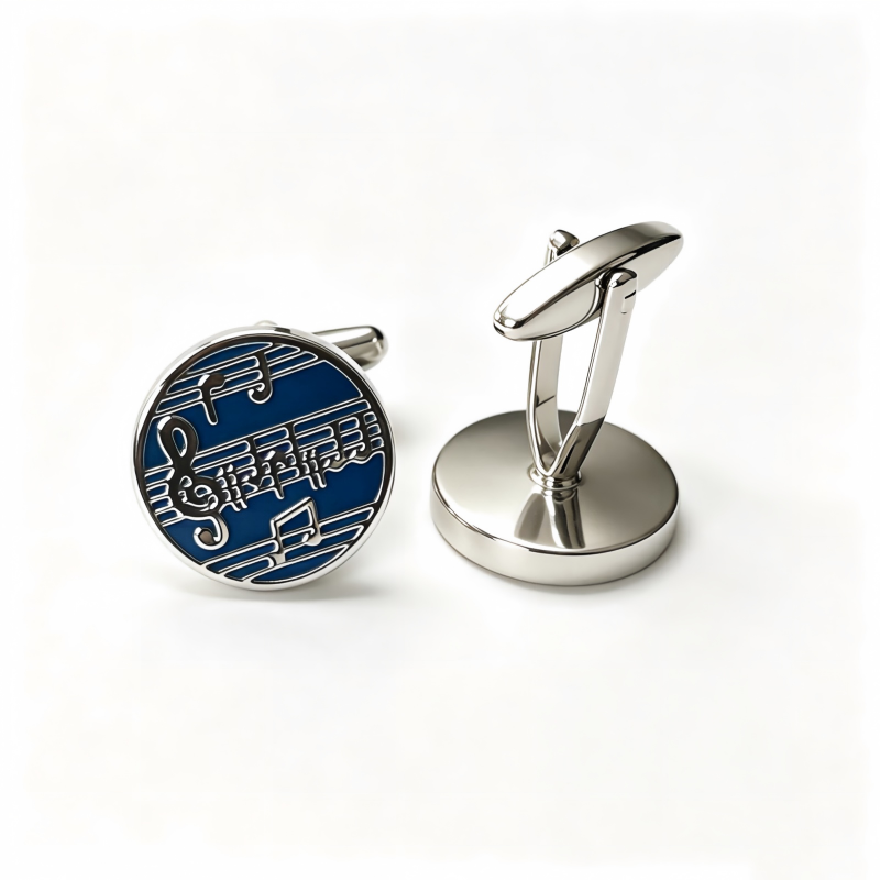 Musical Note Sheet Music Cufflinks, Silver‑Tone Black Enamel Round Cuff