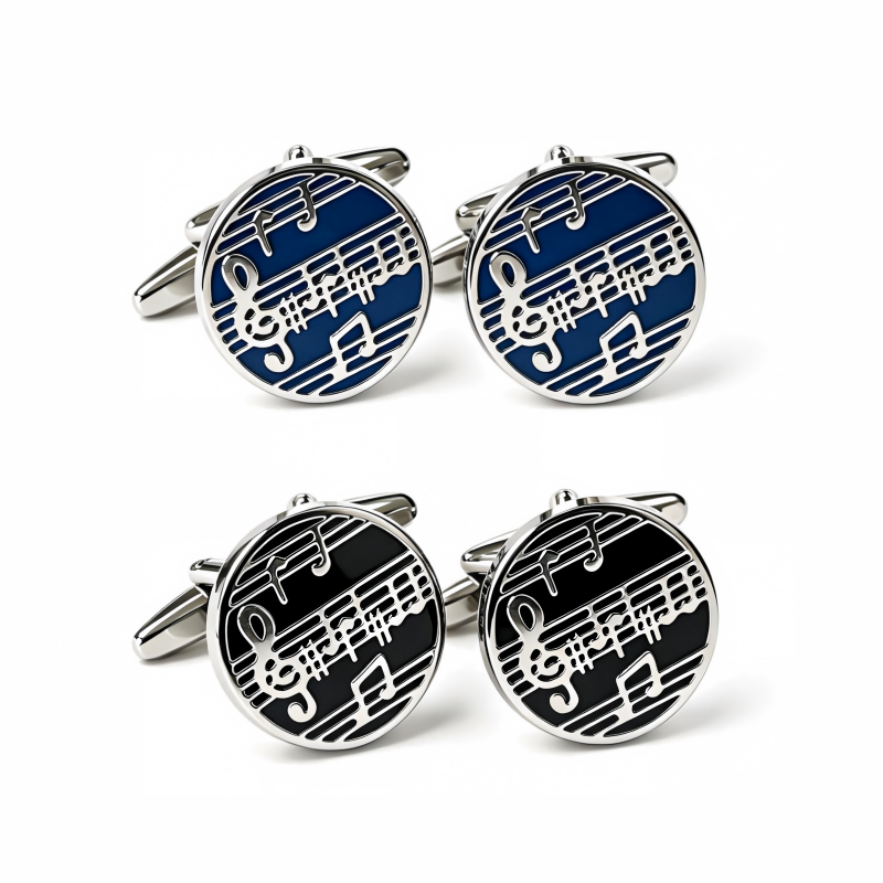 Musical Note Sheet Music Cufflinks, Silver‑Tone Black Enamel Round Cuff