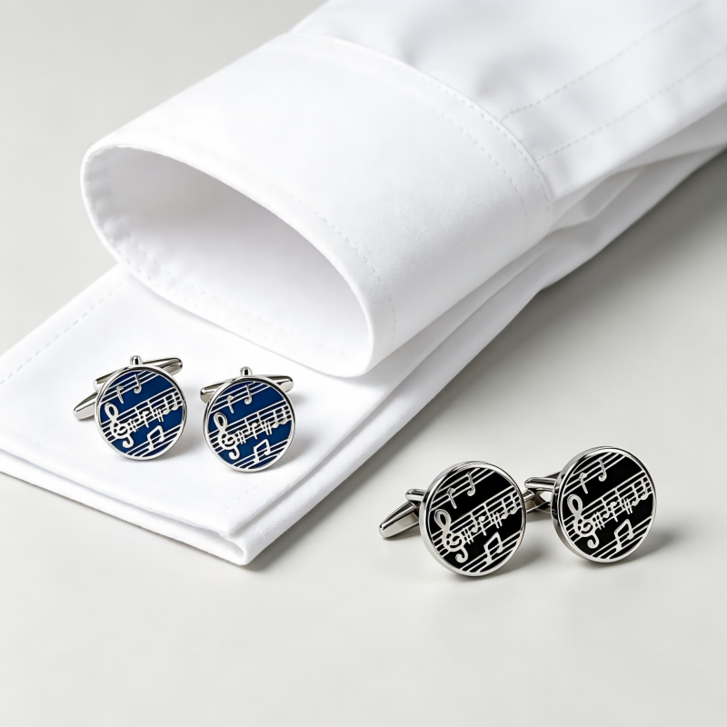 Musical Note Sheet Music Cufflinks, Silver‑Tone Black Enamel Round Cuff