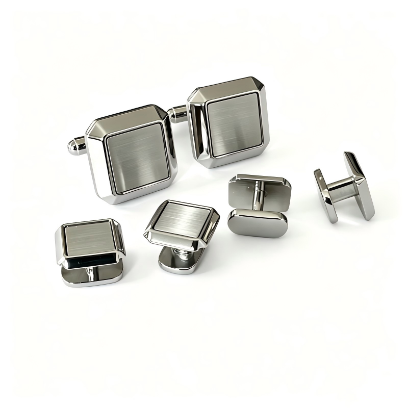 Square Brushed Stainless Steel Cufflinks & Studs Set, Polished Silver Tone Formal Shirt Accessory Kit for Men Wedding Business Groomsmen Gift