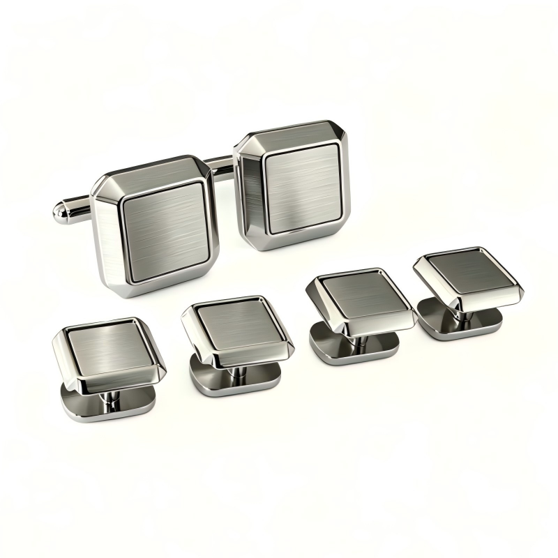 Square Brushed Stainless Steel Cufflinks & Studs Set, Polished Silver Tone Formal Shirt Accessory Kit for Men Wedding Business Groomsmen Gift