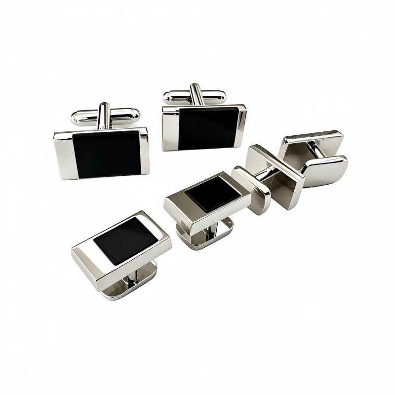 Rectangle Black Onyx Inlay Cufflinks & Shirt Studs Set, Polished Silver Tone Formal Tuxedo Accessory Kit for Men Wedding Groomsmen Business Gift