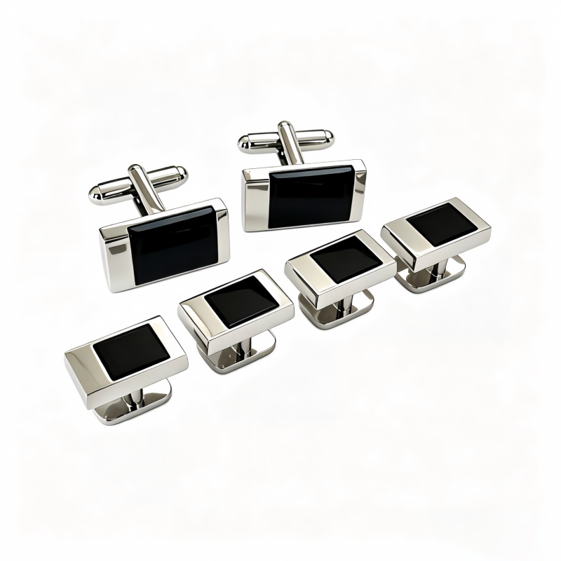 Rectangle Black Onyx Inlay Cufflinks & Shirt Studs Set, Polished Silver Tone Formal Tuxedo Accessory Kit for Men Wedding Groomsmen Business Gift