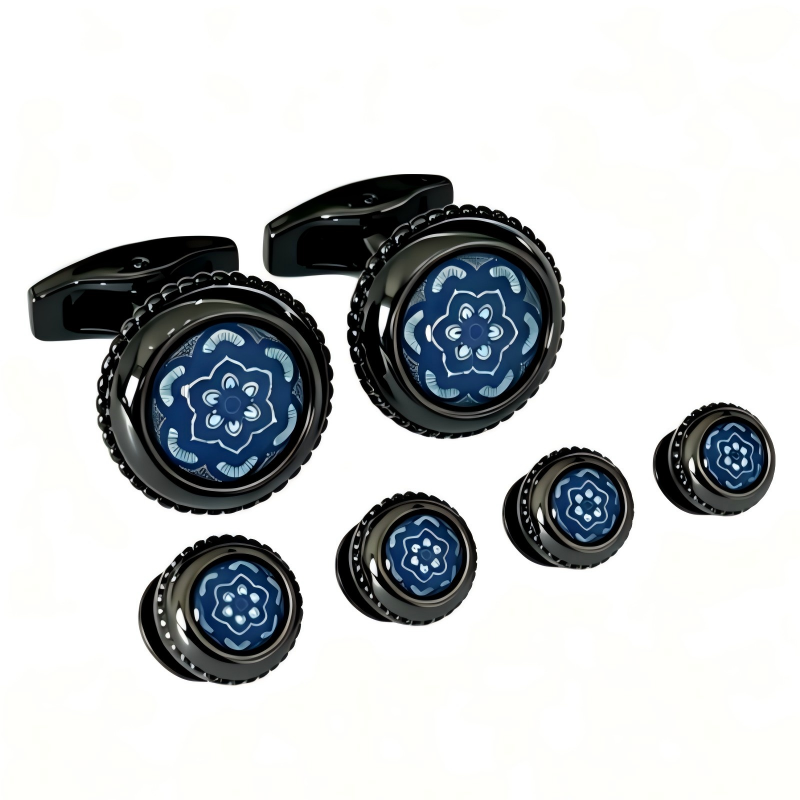 Men's Blue Floral Enamel Cufflinks & Shirt Studs Set, Black Gunmetal Formal French Cuff Accessory for Wedding Business