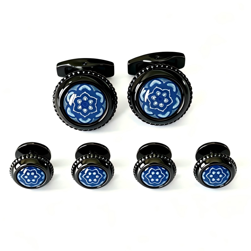 Men's Blue Floral Enamel Cufflinks & Shirt Studs Set, Black Gunmetal Formal French Cuff Accessory for Wedding Business