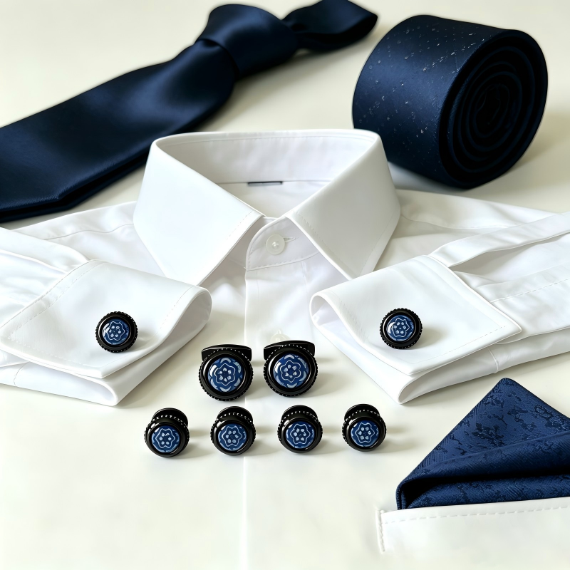 Men's Blue Floral Enamel Cufflinks & Shirt Studs Set, Black Gunmetal Formal French Cuff Accessory for Wedding Business