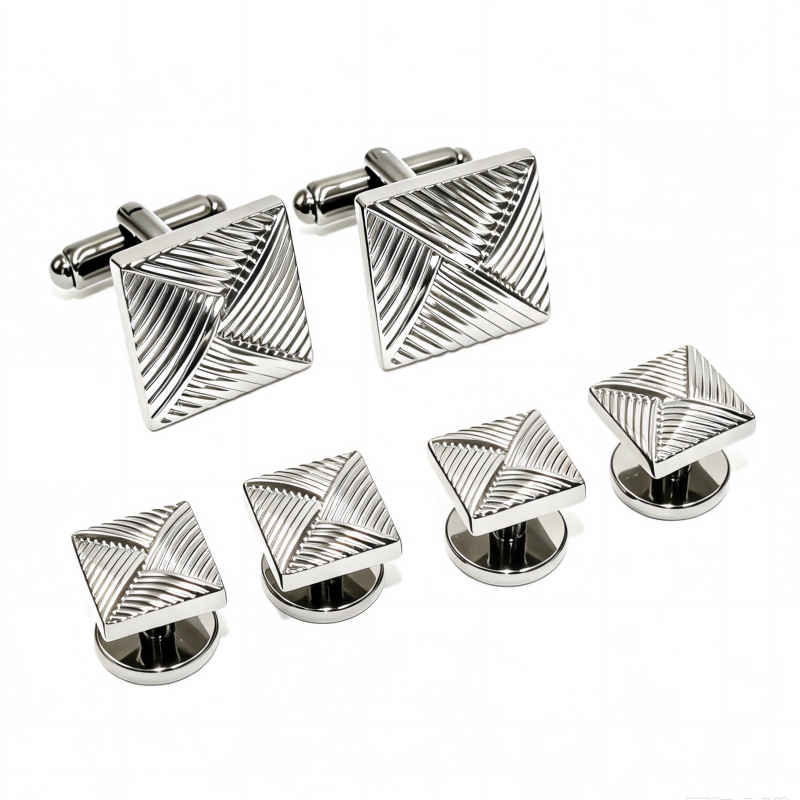 Square Geometric Engraved Cufflinks & Shirt Studs Set, Silver‑Tone Metal Formal Accessories for Men Wedding Business French Cuff Shirts