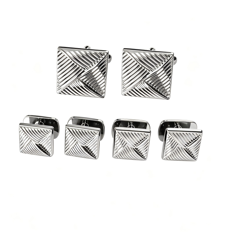 Square Geometric Engraved Cufflinks & Shirt Studs Set, Silver‑Tone Metal Formal Accessories for Men Wedding Business French Cuff Shirts