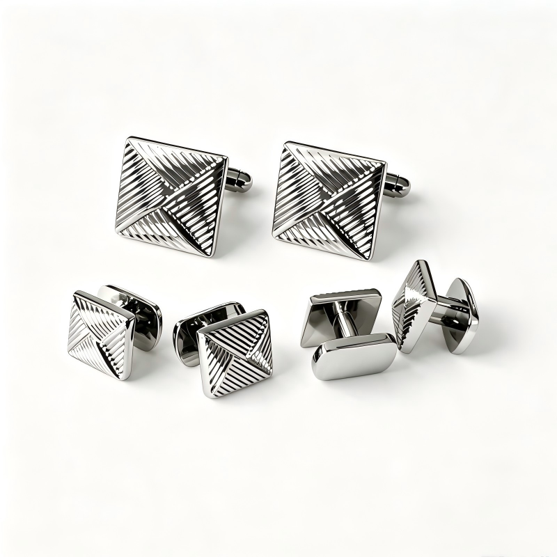 Square Geometric Engraved Cufflinks & Shirt Studs Set, Silver‑Tone Metal Formal Accessories for Men Wedding Business French Cuff Shirts