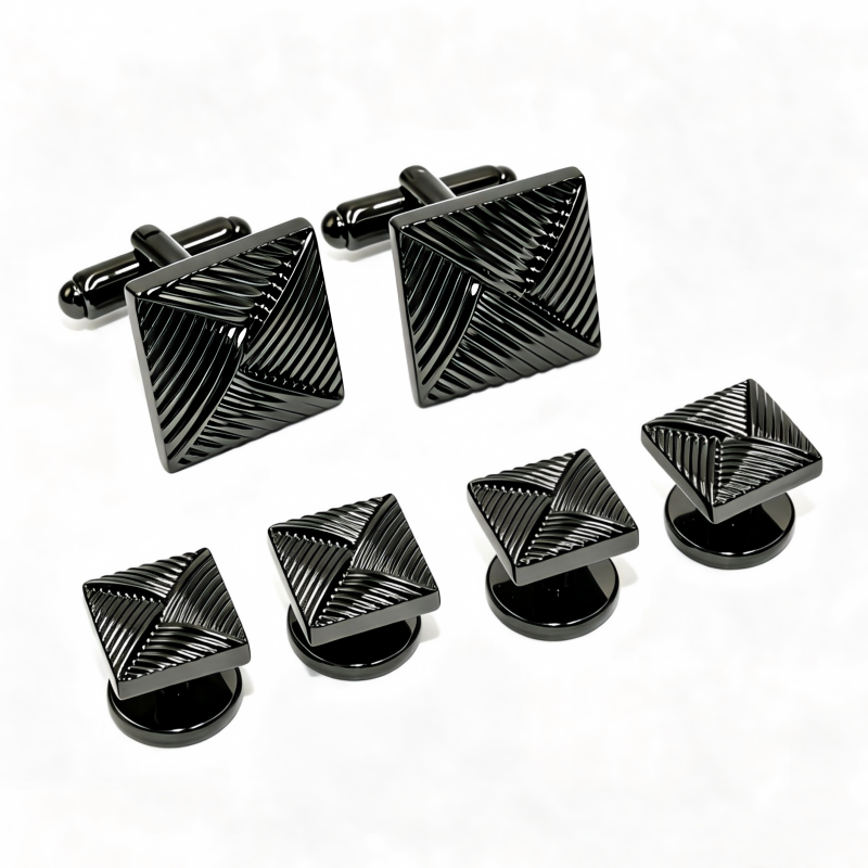 Square Geometric Engraved Cufflinks & Shirt Studs Set, Silver‑Tone Metal Formal Accessories for Men Wedding Business French Cuff Shirts